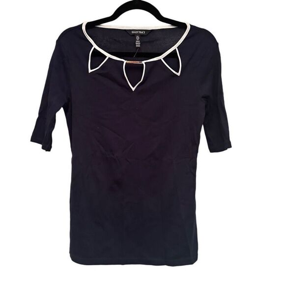 Ellen Tracy navy with white trim neck blouse - Picture 1 of 8